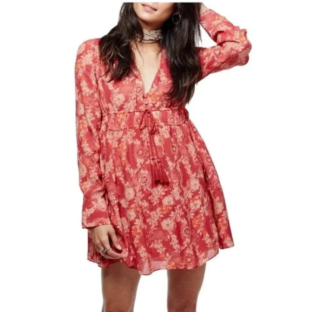 FREE PEOPLE Women Red Floral Print Peasant Tunic Long Sleeve Mini Dress Medium